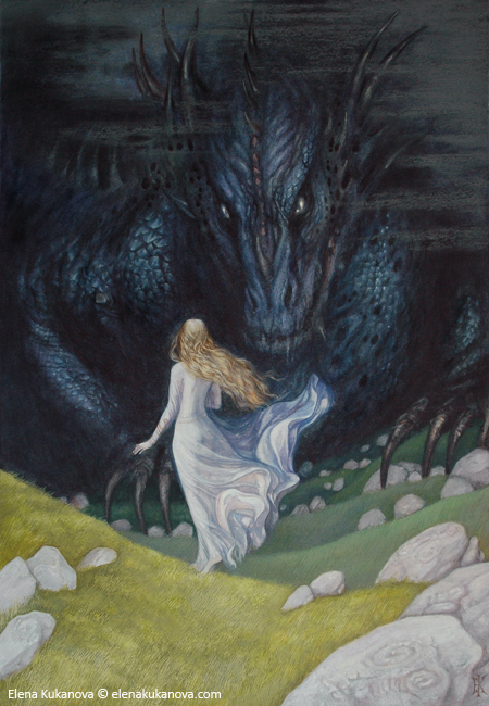Nienor-Niniel, the daughter of Hurin and sister of Turin, falling under the dragon's spell.